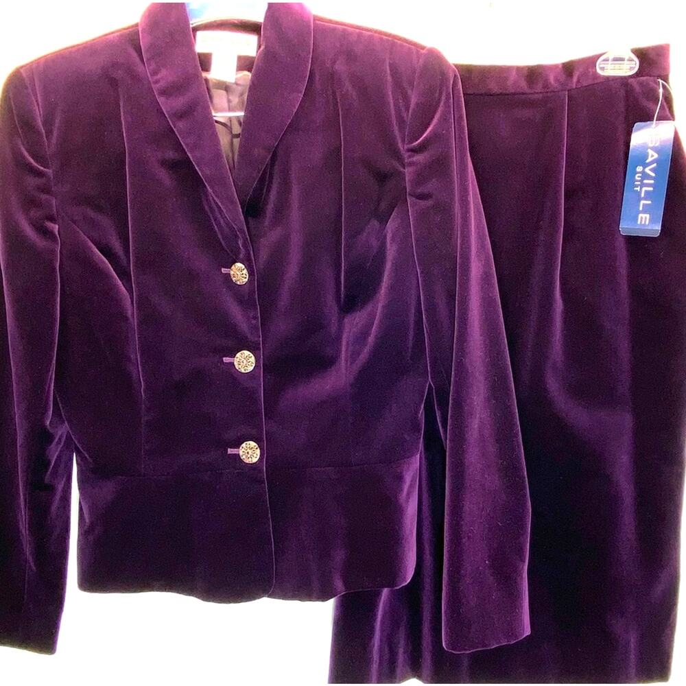 Saville Suit Skirt Set JAZZ CLUB Womens 10 Purple Velour Skirt Peplum Jacket USA